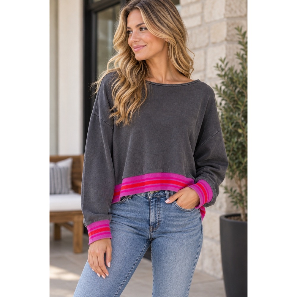 Natural Life Charcoal Gray Striped Hem Boxy Sweatshirt Wide Neck Large